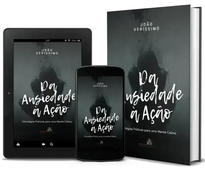 Imagem de dispositivos eletrônicos e um livro físico exibindo a capa do ebook Da Ansiedade à Ação de João Veríssimo.